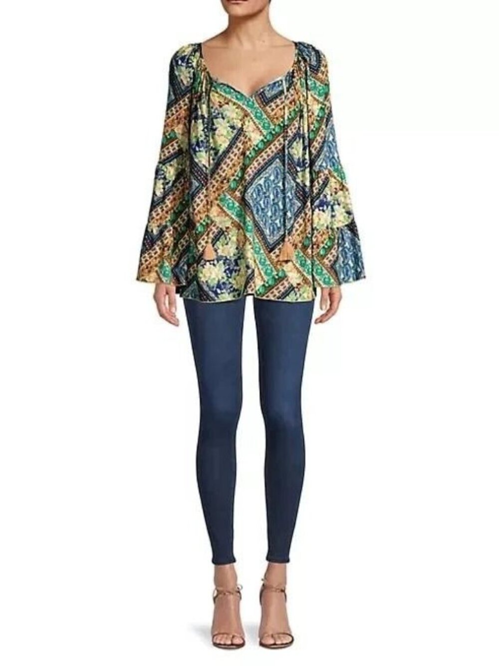 Johnny Was 'Miza' Patchwork-Print Bell-Sleeve Tunic Top NWT Small